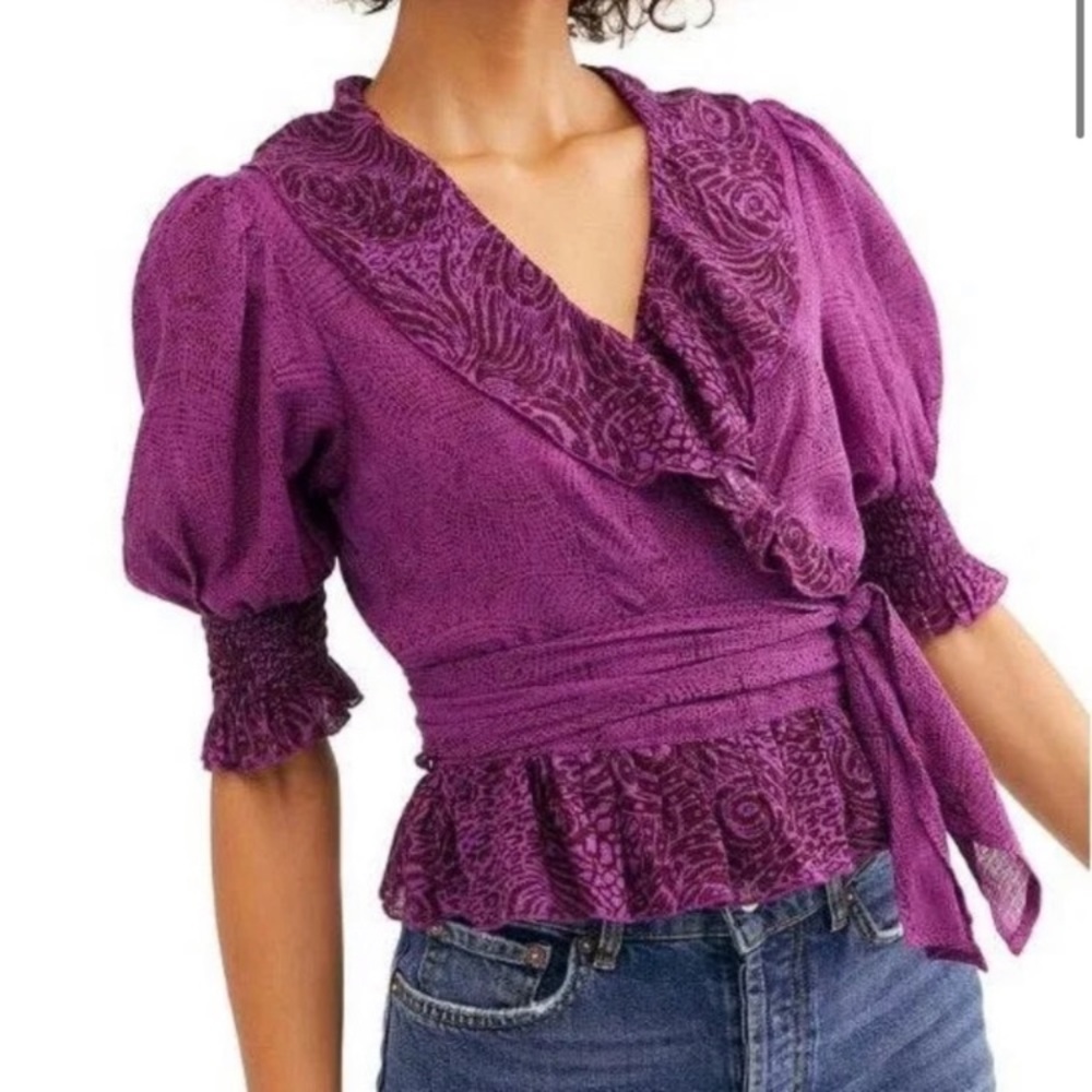 Free People Olivia Ruffled Wrap Top Purple L